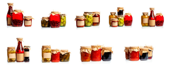 set of  glass bottle with preserved food on white background .