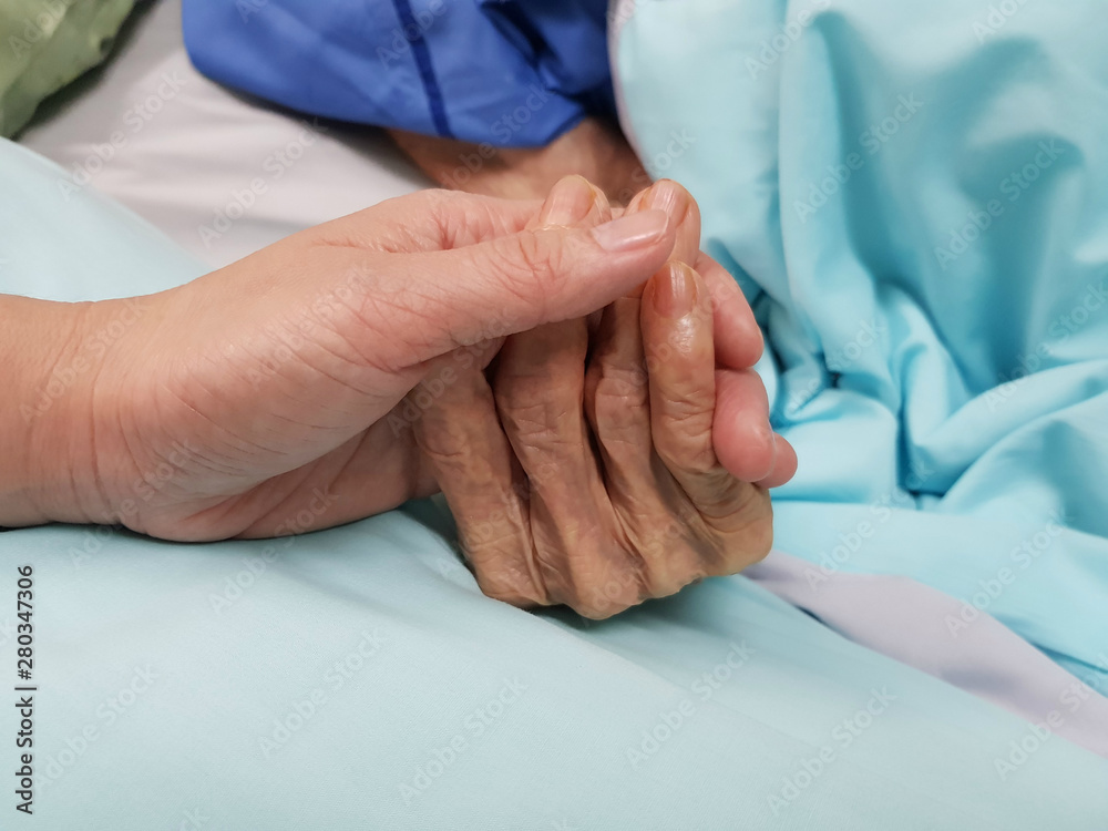 Holding grandmother's hand in the nursing care. Showing all love, empathy, helping and encouragement : healthcare in end of life and palliative concept - obrazy, fototapety, plakaty 