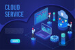 © lembergvector - Cloud service ultraviolet light landing page isometric vector template. Programmer synchronizing information. Database storage, data encryption and protection. Cloud computing website homepage