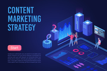 Aufkleber - Content marketing strategy ultraviolet light landing page isometric vector template. Strategic business approach 3d concept. Social media, digital marketing. Creating, distributing content website