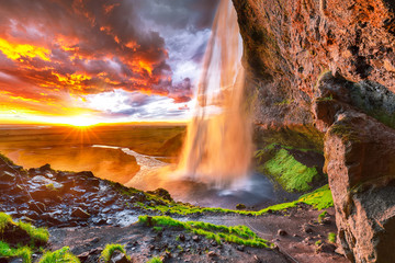 Wall Mural - Beautiful  Seljalandsfoss waterfall in Iceland during the sunset