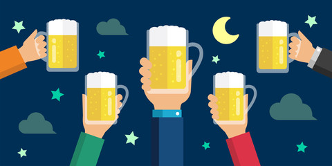  Making a toast with beer/  beer garden flat banner illustration