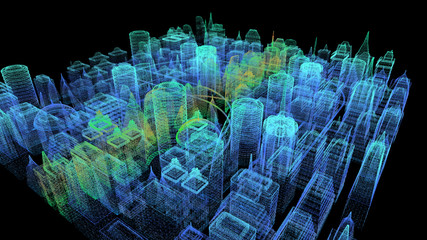 Aufkleber - Futuristic holographic city digitally generated image virtual reality matrix particles in cyber space background environment