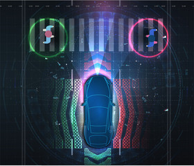 Leinwandbilder - Automatic braking system avoid car crash from car accident. Driverless or self driving car at road. Futuristic autonomous vehicle remote sensing system. Transport with wireless signal. Autopilot. eps