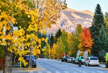The Streets Of Canmore In Autumn, Canadian Rocky Mountains. Canmore Is Located In The Bow Valley Near Banff National Park And One Of The Most Famous Town In Canada