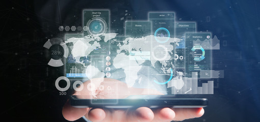 Poster - Businessman holding User interface screens with icon, stats and data 3d rendering