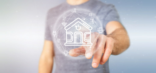 Poster - businessman holding smart home interface with icon, stats and data 3d rendering