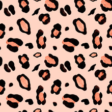 Leopard Skin Seamless Pattern On Peach Pink Background. Watercolor Hand Painted Cheetah Endless Print With Orange And Black Spots. Animalistic Design Print.