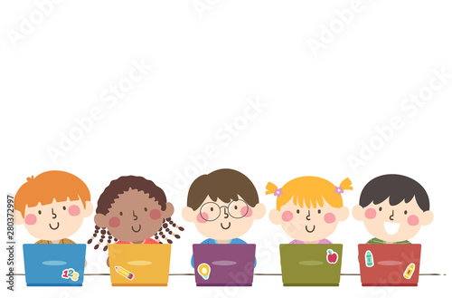 Cuadros en Lienzo Kids Students Group Laptop Illustration