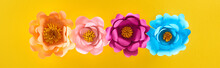 Flat Lay With Paper Cut Multicolored Bright Flowers On Yellow Background, Panoramic Shot