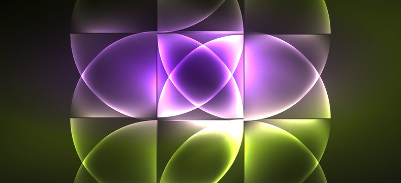 Techno glowing glass geometric shapes vector background, futuristic dark template with neon light effects and simple forms