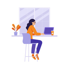 Vector illustration in flat linear style - girl sitting at the table in the coffee shop