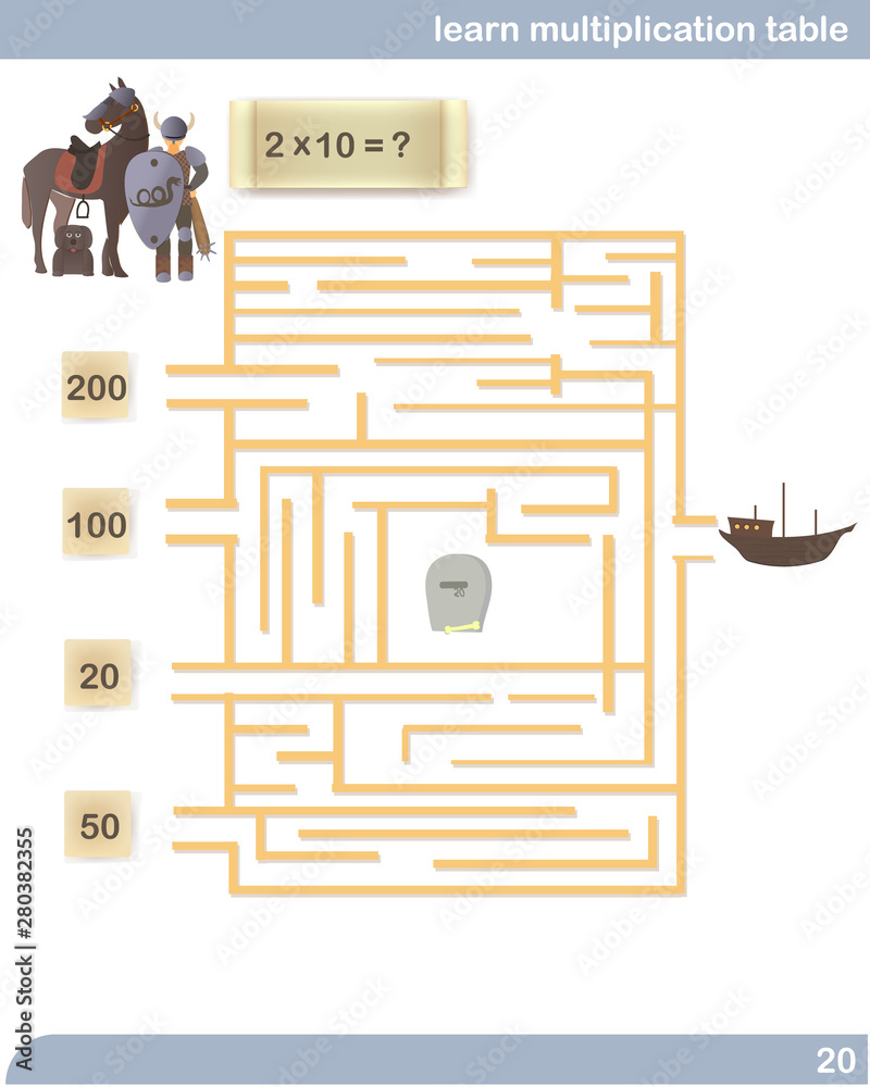 Maze. Learn multiplication table. Labyrinth. Viking Adventure. Vector ...