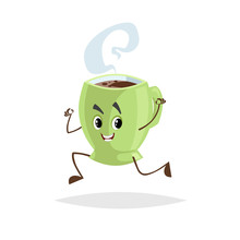 Cute Cartoon Coffee Green Cup Character Running. Humanized Mug With Hot Beverage. Morning Breakfast Mascot. Strong Taste Hot Drink With Steam. Vector Illustration Isolated On White.