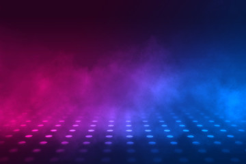 Poster - Empty background scene. Dark reflection of the street on the wet asphalt. Rays of blue and red neon light in the dark, neon figures, smoke. Background of empty stage show. Abstract dark background.