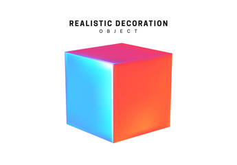 Poster - Square and cube. Realistic shape 3d objects with gradient holographic color of hologram. Decorative design elements isolated on white background. vector illustration