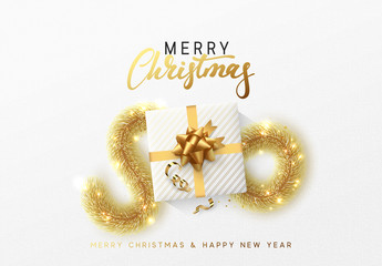 Merry Christmas greeting card. Xmas holiday background, gift box with gold tinsel and bright golden snowflake