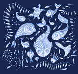 Fototapeta Dinusie - Set of indigo blue hand painted fairy tale sea animals. Watercolor painted fantasy fish, jellyfish, nettle-fish, cuttlefish, flounder, bubbles, shells isolated on a dark  background. Batik, tee shirt 