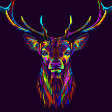 Deer. Abstract, Neon, Multi-colored Portrait Of A Deer's Head On A Dark Purple Background.