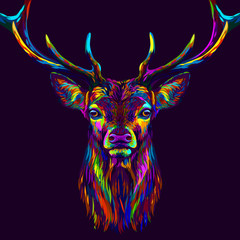 Wall Mural - deer. abstract, neon, multi-colored portrait of a deer's head on a dark purple background.
