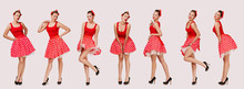 Set Of Smiling Pin Up Woman In Polka Dot Red Dress. Cute Girl Posing In Retro Style