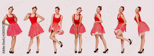 Fotomural set of smiling pin up woman in polka dot red dress