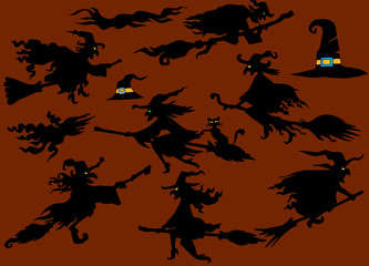 Witches silhouette,set of witches for halloween,Hand drawn vecto