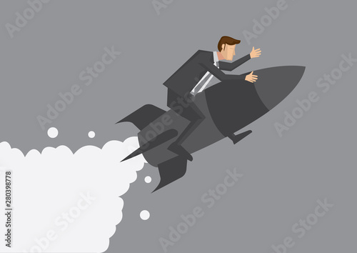 Fotografía Businessman Flying on Rocket Vector Illustration