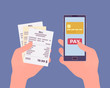 © andrew_rybalko - Digital bill for mobile payment. Consumer holding in hands smartphone and check to pay for online goods, products, support, service, content. Quick easy process. Vector flat style cartoon illustration