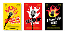 Stand Up Club Comedy Night Live Show A3 A4 Poster Design Templates. Retro Mike With Fire On Yellow Red Black Background. Hot Jokes Roasting Concept Flyer. Vector Open Mic Illustration