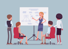 Business Meeting In Office. Gathering Of Managers To Think Of Marketing Ideas, Goals, Company Partners Getting Financial Report, Mutual Discussion And Training. Vector Flat Style Cartoon Illustration