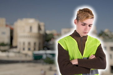 Street cleaning. Young attractive guy.