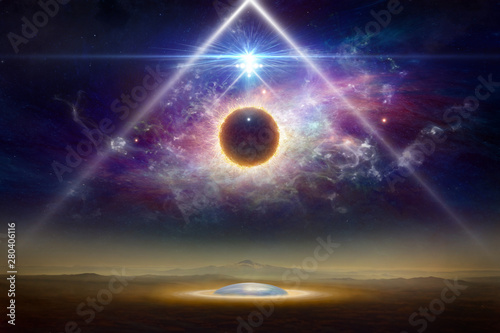 Cuadros en Lienzo Sci-fi collage - aliens space ship above aliens colony on planet Earth