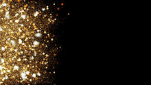 3d Illustration, Small Gold Dust, Graphics Of Fire Flakes, Particle Points And Yellow-orange Circles At The Left Of The Frame