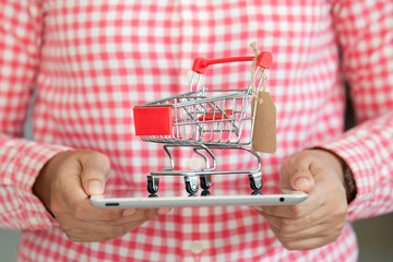 woman holding shopping cart on tablet, shopping online concept