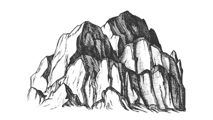 Wall Mural - Peak Of Rocky Mountain Landscape Vintage Vector. Mountain Large Landform Rises Above Surrounding Land In Limited Area. Pencil Designed Slope Clift Template Black And White Illustration