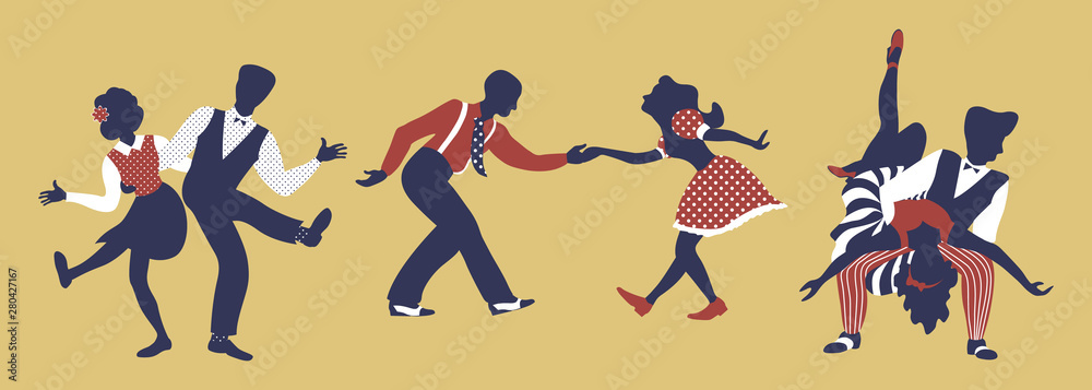 Horizontal composition of three couples. Set of pairs in 1940s or 1950s style dancing lindy hop or boogie woogie. Vector illustration in yellow, blue and red colors. - obrazy, fototapety, plakaty 