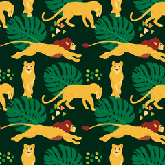 Fototapete - Vector hand drawn flat seamless pattern with lions