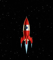 Poster - Toy space rocket red and white colors flies on a background of the starry sky. Sci-fi illustration. 3d rendering.
