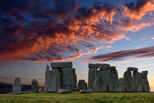 Stonehenge An Ancient Prehistoric Stone Monument From Bronze And Neolithic Ages, Constructed As A Ring Near Salisbury With Dramatic Sky, Wiltshire In England, United Kingdom