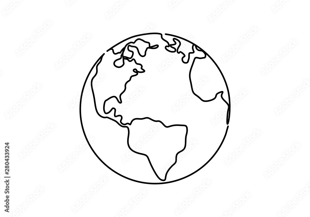One line style world earth globe continuous design. Simple modern minimalistic style vector illustration on white background. - obrazy, fototapety, plakaty 