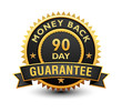 © Tajuddin - Heavy powerful 90 day money back guarantee badge, seal, stamp, label with ribbon isolated on white background.