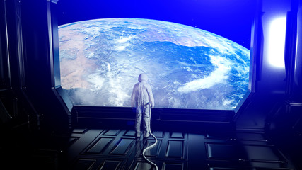Wall Mural - alone astronaut in futuristic interior. sci fi room view of the earth. 3d rendering