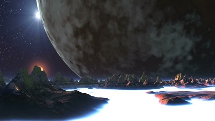 Wall Mural - Giant Moon and Two Suns over Alien Planet. Above the mountains, standing among thick white fog, a giant planet (moon) rotates slowly. On a dark starry sky two bright sun illuminates the planet. 