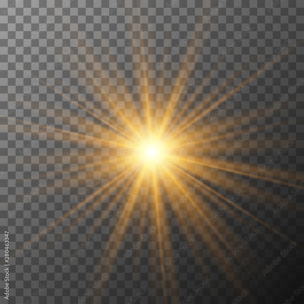 Realistic starburst lighting. Yellow sun rays and glow on transparent background. Glowing light burst explosion. Flare effect decoration with ray sparkles. - obrazy, fototapety, plakaty 