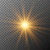 Fototapeta Zachód słońca - Realistic starburst lighting. Yellow sun rays and glow on transparent background. Glowing light burst explosion. Flare effect decoration with ray sparkles.