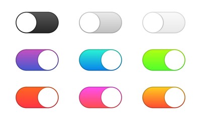Poster - set of realistic toggle switch buttons. on and off. black, gray, white and colored switch interface 