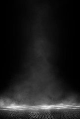 Wall Mural - wet asphalt, reflection of neon lights, a searchlight, smoke. abstract light in a dark empty street 