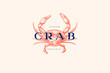 Logo template with an image of a crab drawn by graphic lines on a light background. Retro emblem for the menu of fish restaurants, markets and shops. Vector vintage engraving illustration.