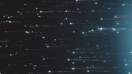 Abstract technology background with animation of fast flying flickering code particles as data transfer. Seamless loop 3d render. Modern color spectrum